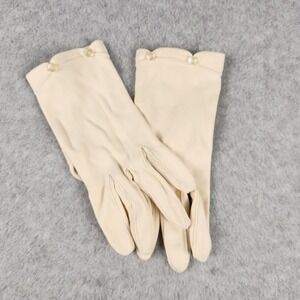 Dress Gloves Womens Medium Ivory Faux Pearl Button Scalloped Wrist Short Formal